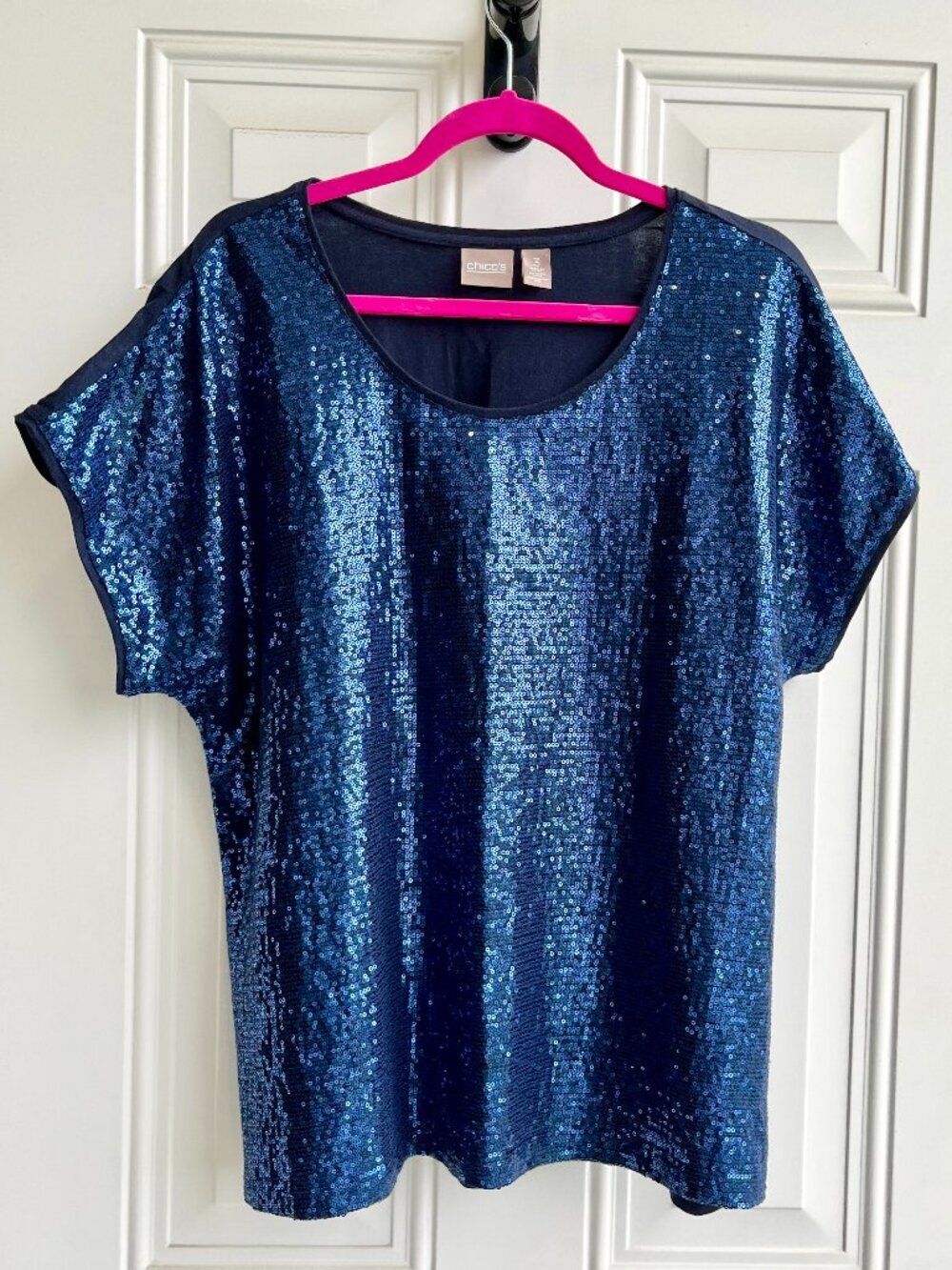Chicos Midnight  Blue  Pullover Sequin Cap Sleeve Top. XL